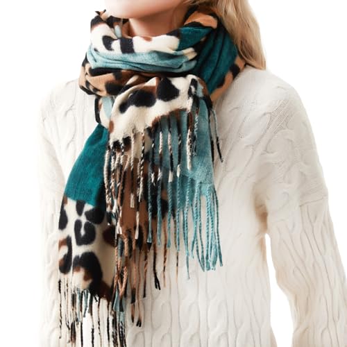 Soudittur Schal Damen Winter Leoparden Muster Pashmina Schals und Tücher mit Fransen Lange Winterschal Warmer Oversized XXL Schal (Grün) von Soudittur