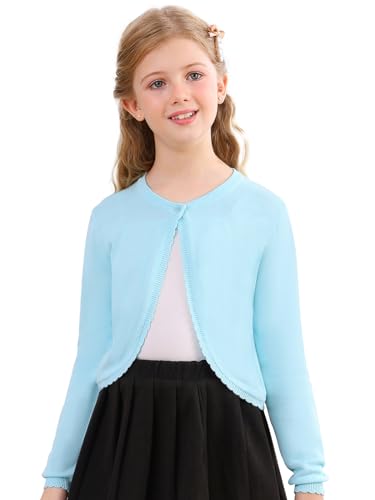 Soudittur Strickjacke Mädchen Top Bolero Jäckchen Langarm Kinder Cardigan Knitted Kurz zum Kommunionkleid Taufkleid Partykleid (Blau, Alter 3-4,110) von Soudittur