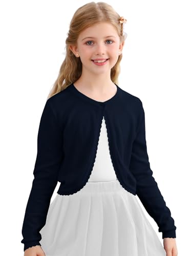 Soudittur Strickjacke Mädchen Top Bolero Jäckchen Langarm Kinder Cardigan Knitted Kurz zum Kommunionkleid Taufkleid Partykleid (Navyblau, Alter 9-10,140) von Soudittur