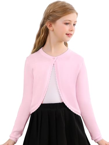 Soudittur Strickjacke Mädchen Top Bolero Jäckchen Langarm Kinder Cardigan Knitted Kurz zum Kommunionkleid Taufkleid Partykleid (Rosa, Alter 11-12,150) von Soudittur