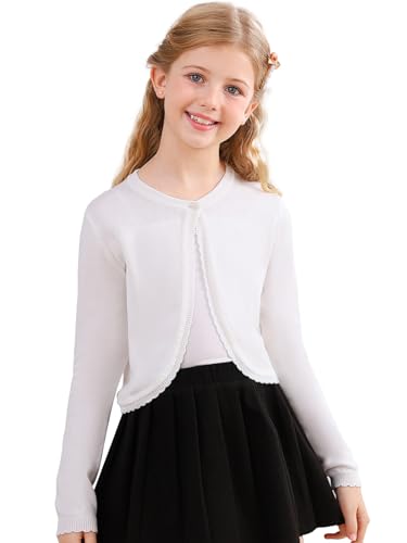 Soudittur Strickjacke Mädchen Top Bolero Jäckchen Langarm Kinder Cardigan Knitted Kurz zum Kommunionkleid Taufkleid Partykleid (Weiß, Alter 11-12,150) von Soudittur