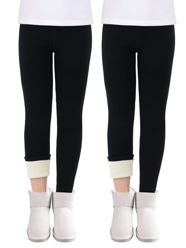 Soudittur Thermo Leggings Mädchen Dicke Gefütterte Thermo Leggings Winter Baumwolle Warm Thermohosen für Kinder und Kleinkinder 2er-Pack (Schwarz&Schwarz, Größe 150) von Soudittur