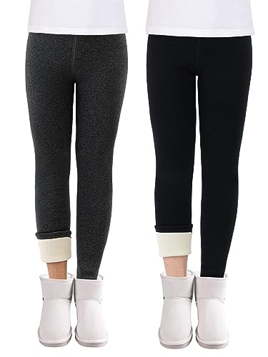 Soudittur Thermo Leggings Mädchen Dicke Gefütterte Thermo Leggings Winter Baumwolle Warm Thermohosen für Kinder und Kleinkinder 2er-Pack (Schwarz&Dunkelgrau, Größe 110) von Soudittur