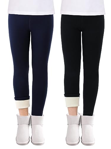 Soudittur Thermo Leggings Mädchen Dicke Gefütterte Thermo Leggings Winter Baumwolle Warm Thermohosen für Kinder und Kleinkinder 2er-Pack (Schwarz&Marineblau, Größe 140) von Soudittur