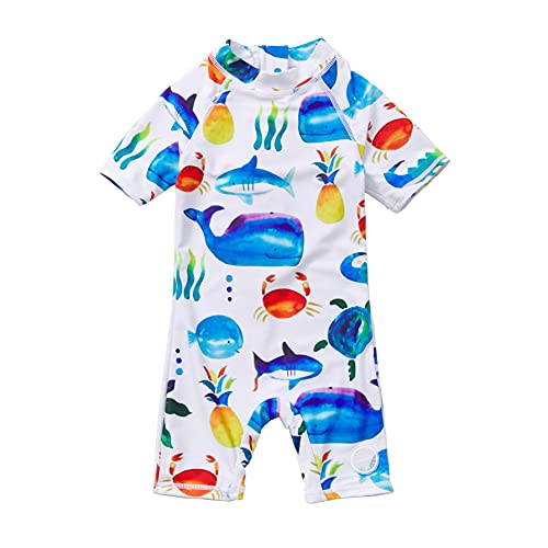 BONVERANO Baby Junge EIN stück Kurzärmel-Kleidung UV-Schutz 50+ Badeanzug MIT Einem Reißverschluss (Weißes Tier, 3-6) von Soui