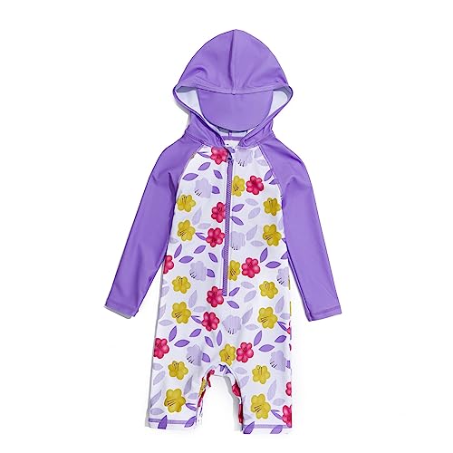 Soui Baby Mädchen Badeanzug EIN stück UV-Schutz 50+ Badekleidung MIT Kapuze Reißverschluss (Pflaumenblüte, 6-9) von Soui