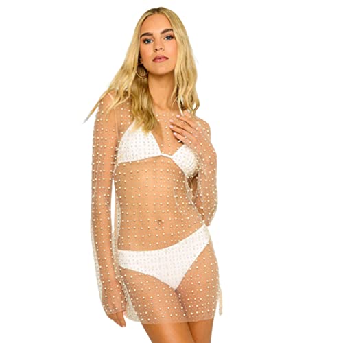 SouiWuzi Frauen Perlenkleid sexy durch Pearl -Strass Bikini Deckbedeckung Langarm dünne Strandkleid Hautfarbe M, Stranddecke von SouiWuzi