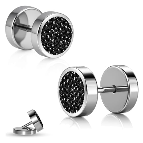 Soul-Cats Unisex Fake Plug Ohrringe Ø10 mm Schwarz Glitzer, Edelstahl Ohrstecker mit Schraubverschluss, modischer Ohrschmuck für Damen & Herren, ohne Dehnen von Soul-Cats
