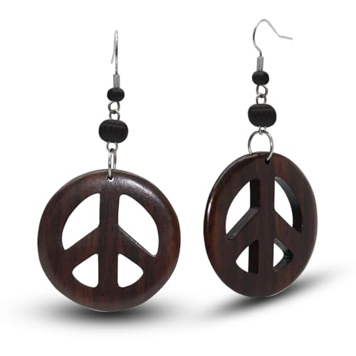 Soul-Cats Handgefertigte Peace-Symbol Holzohrringe, 65 x 35 mm, Dunkelbraun mit Schwarzen Perlen von Soul-Cats