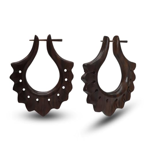 Soul-Cats Handgefertigte Tribal-Ohrringe aus Holz – 52 x 43 mm – Dunkelbraun – Ethno Design mit Hornstift – Natur-Schmuck Unisex von Soul-Cats