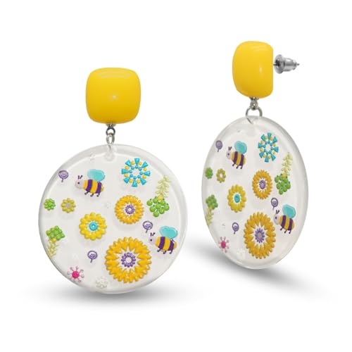Soul-Cats Sommerliche Ohrhänger Blumen & Bienen leichte Kunststoff-Ohrringe mit buntem Blumenmotiv & gelbem Button fröhlicher Modeschmuck für Damen & Mädchen von Soul-Cats