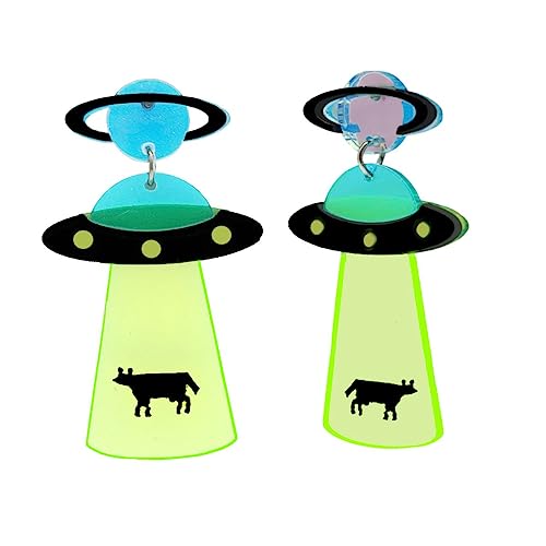 Soul-Cats Witzige Ufo Ohrringe Aliens beamen Kuh Saturn in neonfarben von Soul-Cats