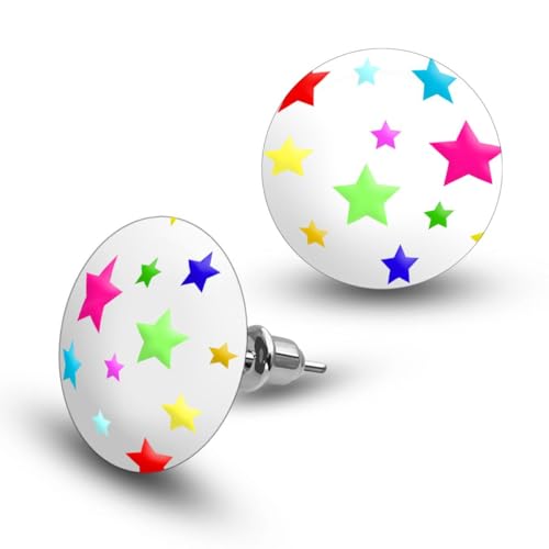 Soul-Cats süße Ohrstecker 17 mm Weiß mit bunten Sternen – Acryl Halbkugel & Edelstahl Pin – Damen Ohrringe von Soul-Cats