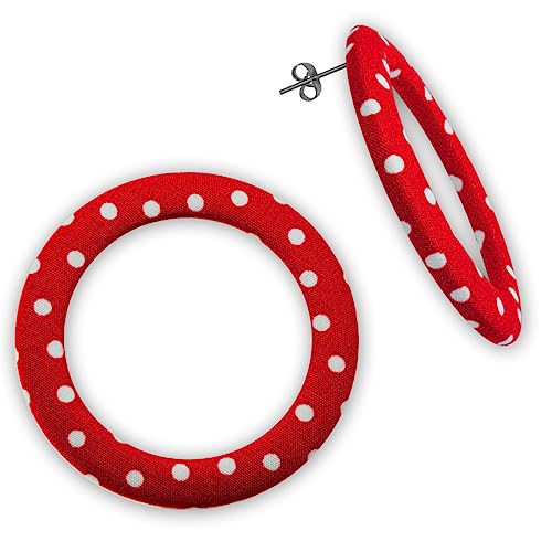 Soul-Cats Creolen Ohrringe Rockabilly Polka Dots Stoff 50er Style einzeln oder im Set, Farbe: rot mit weißen Punkten von Soul-Cats