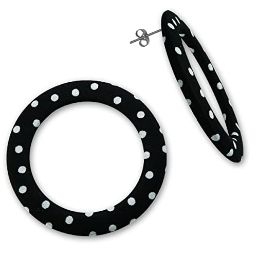 Soul-Cats Creolen Ohrringe Rockabilly Polka Dots Stoff 50er Style, Farbe: schwarz mit weißen Punkten von Soul-Cats