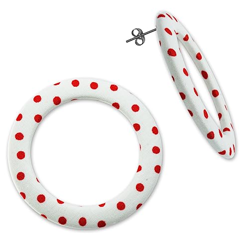 Soul-Cats Creolen Ohrringe Rockabilly Polka Dots Stoff 50er Style einzeln oder im Set, Farbe: weiß mit roten Punkten von Soul-Cats