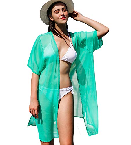 Sommer Chiffon Solide Pareos für Frauen, Damen Sehen Durch Strand Kimono Cardigan Cover up Sommerkleider für Bikini(One Size,Grün) von soul young