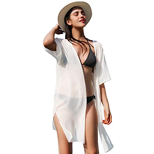 Sommer Chiffon Solide Pareos für Frauen, Damen Sehen Durch Strand Kimono Cardigan Cover up Sommerkleider für Bikini(One Size,Weiß) von soul young