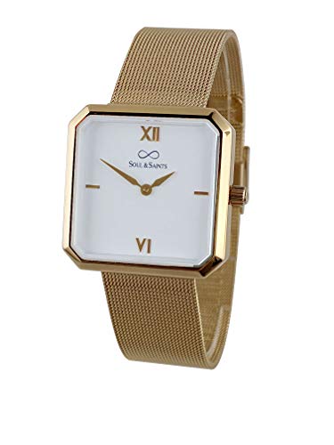 Soul & Saints Premium Damenuhr Edelstahl Elegante Armbanduhr quadratisch rechteckig Damen Uhr eckig mesh Armband Edelstahl Swiss Uhrwerk Saphire Glas Kratzfest 3m 3ATM Wasserfest - Mary (Gold) von Soul & Saints
