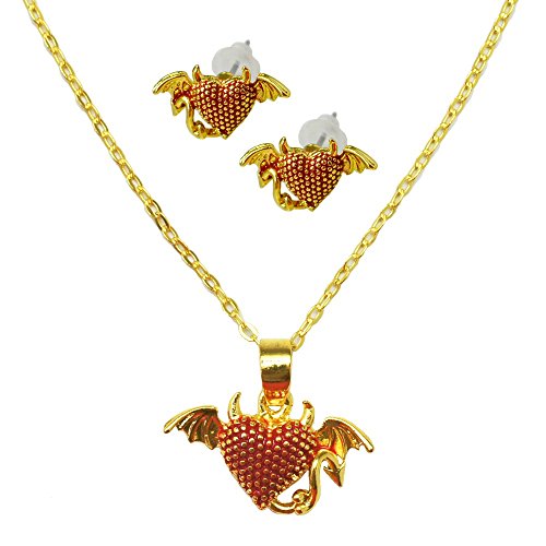 SoulCats Kette mit Herzanhänger Teufelchen rot Gold Herz Flügel Hörner, Auswahl: Set Kette & Ohrsecker von SoulCats