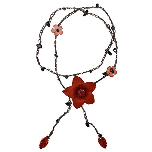 SoulCats Leder Kette mit Blüten und Onyx für Damen in rot von SoulCats