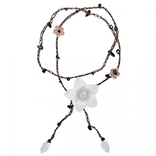 Soul-Cats Leder Kette mit Blüten und Onyx für Damen in weiß von Soul-Cats