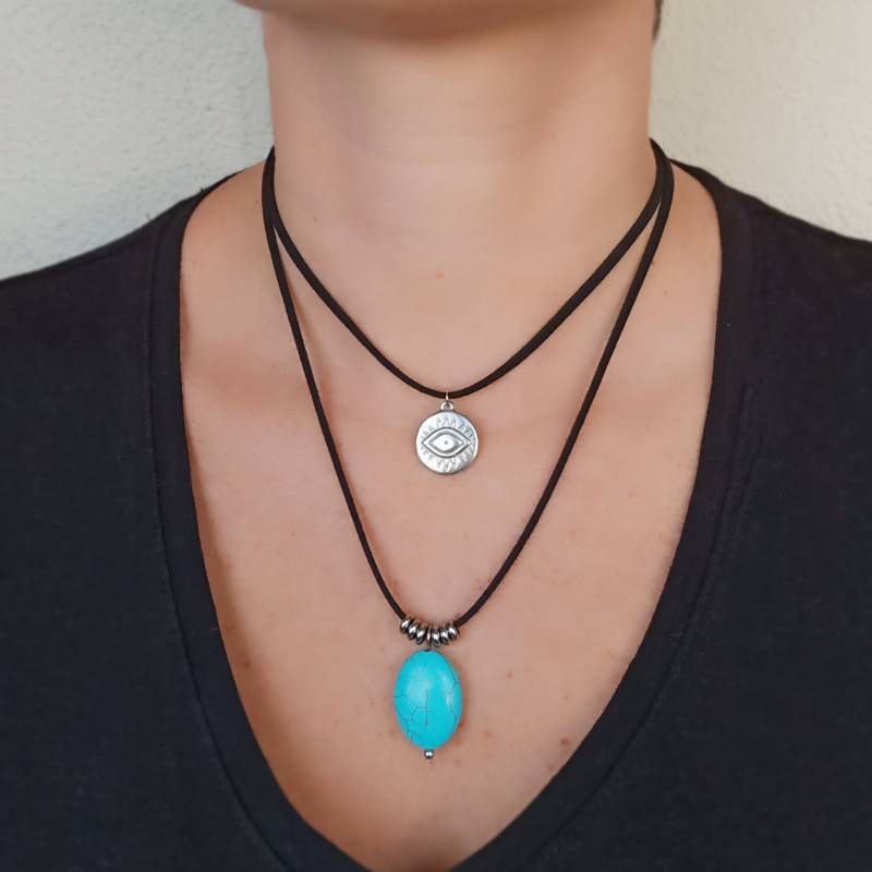 Türkis Und Evil Eye Halskette Layered Boho Wildlederimitat Stacking Layering von SoulSabaiStore