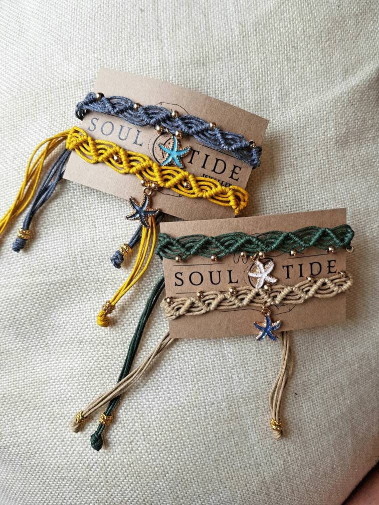 Seaside Makramee Fußkettchen - Seestern Gewebte Grün Gelb Grau Beige von SoulTideJewellery