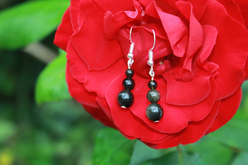 Gold Obsidian Silber Ohrringe/Schimmernde Schwarz Und Edelstein Naturstein Frauen Kristall Echte von SoulTracker
