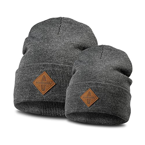 Soulbuddy Beanie - 2er Set Anthrazit | Partnerlook-Set | 1 Herren oder Damen Wintermütze (One Size - 54-62 cm) und 1 Kinder Strickmütze (Größe S - 40-45 cm) von Soulbuddy