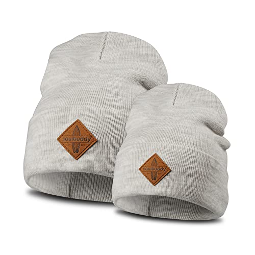 Soulbuddy Beanie - 2er Set Creme | Partnerlook-Set | 1 Herren oder Damen Wintermütze (One Size - 54-62 cm) und 1 Kinder Strickmütze (Größe M - 45-49 cm) von Soulbuddy