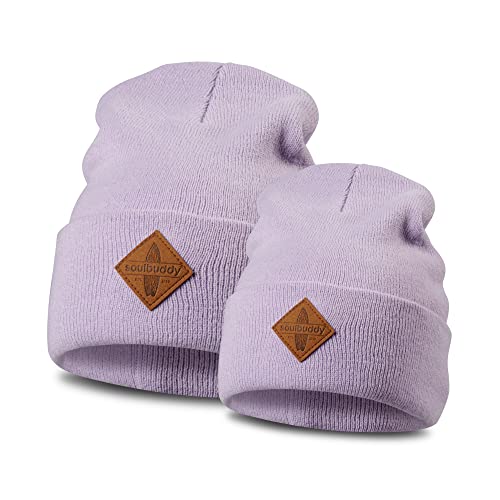 Soulbuddy Beanie - 2er Set Lavendel | Partnerlook-Set | 1 Herren oder Damen Wintermütze (One Size - 54-62 cm) und 1 Kinder Strickmütze (Größe L - 49-54 cm) von Soulbuddy