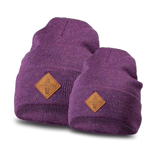 Soulbuddy Beanie - 2er Set Lila Melange | Partnerlook-Set | 1 Herren oder Damen Wintermütze (One Size - 54-62 cm) und 1 Kinder Strickmütze (Größe L - 49-54 cm) von Soulbuddy