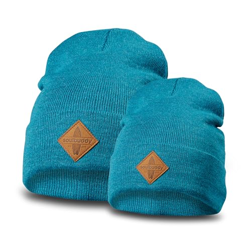 Soulbuddy Beanie - 2er Set Petrol Melange | Partnerlook-Set | 1 Herren oder Damen Wintermütze (One Size - 54-62 cm) und 1 Kinder Strickmütze (Größe L - 49-54 cm) von Soulbuddy