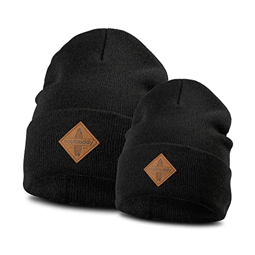 Soulbuddy Beanie - 2er Set Schwarz | Partnerlook-Set | 1 Herren oder Damen Wintermütze (One Size - 54-62 cm) und 1 Kinder Strickmütze (Größe L - 49-54 cm) von Soulbuddy