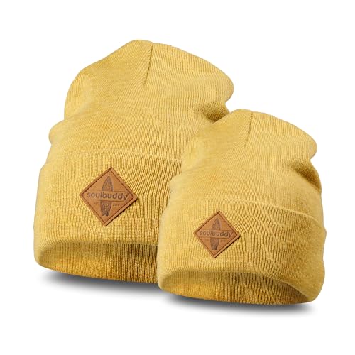 Soulbuddy Beanie - 2er Set Senfgelb | Partnerlook-Set | 1 Herren oder Damen Wintermütze (One Size - 54-62 cm) und 1 Kinder Strickmütze (Größe L - 49-54 cm) von Soulbuddy