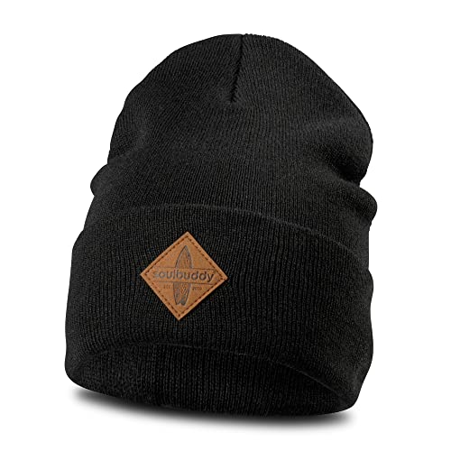 Soulbuddy Beanie Herren und Damen, stylische Wintermütze, Strickmütze Männer Frauen, Herrenmütze, Damenmütze, Skimütze, Fischermütze, One Size (54-62 cm), Tiefschwarz von Soulbuddy