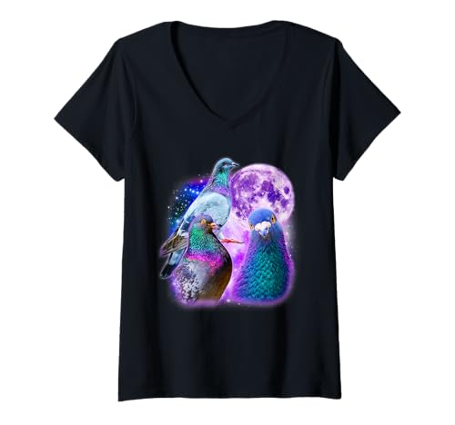 Damen DREI Tauben Lustige Tauben Mond Meme Witz Ironisch Sarkastisch T-Shirt mit V-Ausschnitt von SoulmateArtK Sarcastic Three Moon Pigeon Lover