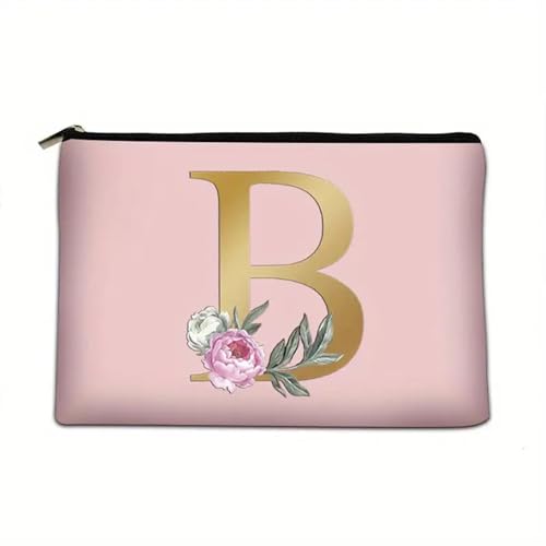 Soulnioi Make-up-Tasche, personalisierbar, Blumen-Buchstabe A-Z, wasserdicht, für Damen/Mädchen, Brautjungfer, Geschenke für Geburtstag, Hochzeit, Rosa, B von Soulnioi