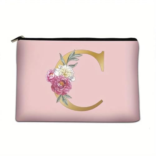 Soulnioi Make-up-Tasche, personalisierbar, Blumen-Buchstabe A-Z, wasserdicht, für Damen/Mädchen, Brautjungfer, Geschenke für Geburtstag, Hochzeit, Rosa, C von Soulnioi