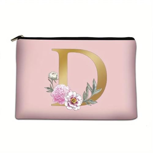 Soulnioi Make-up-Tasche, personalisierbar, Blumen-Buchstabe A-Z, wasserdicht, für Damen/Mädchen, Brautjungfer, Geschenke für Geburtstag, Hochzeit, Rosa, D von Soulnioi