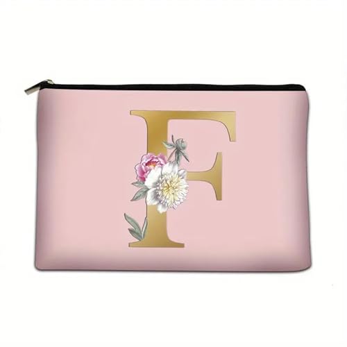 Soulnioi Make-up-Tasche, personalisierbar, Blumen-Buchstabe A-Z, wasserdicht, für Damen/Mädchen, Brautjungfer, Geschenke für Geburtstag, Hochzeit, Rosa, F von Soulnioi