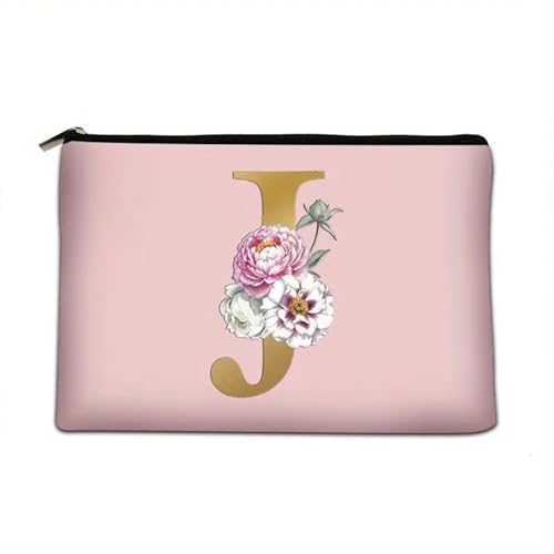 Soulnioi Make-up-Tasche, personalisierbar, Blumen-Buchstabe A-Z, wasserdicht, für Damen/Mädchen, Brautjungfer, Geschenke für Geburtstag, Hochzeit, Rosa, J von Soulnioi