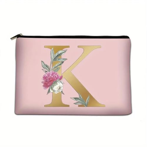 Soulnioi Make-up-Tasche, personalisierbar, Blumen-Buchstabe A-Z, wasserdicht, für Damen/Mädchen, Brautjungfer, Geschenke für Geburtstag, Hochzeit, Rosa, K von Soulnioi