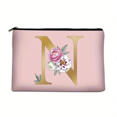 Soulnioi Make-up-Tasche, personalisierbar, Blumen-Buchstabe A-Z, wasserdicht, für Damen/Mädchen, Brautjungfer, Geschenke für Geburtstag, Hochzeit, Rosa, N von Soulnioi