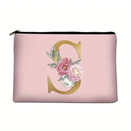 Soulnioi Make-up-Tasche, personalisierbar, Blumen-Buchstabe A-Z, wasserdicht, für Damen/Mädchen, Brautjungfer, Geschenke für Geburtstag, Hochzeit, Rosa, S von Soulnioi