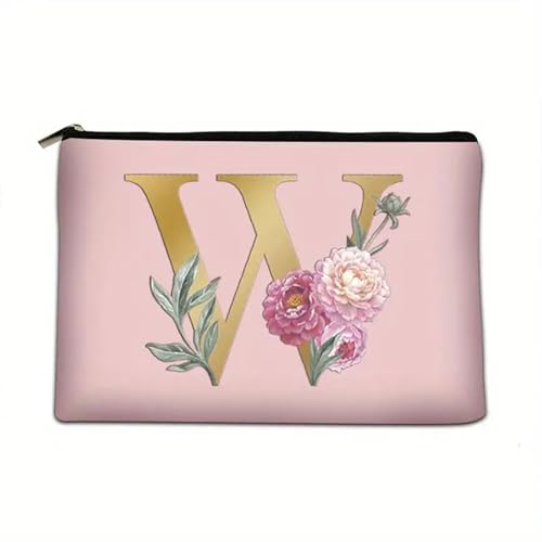 Soulnioi Make-up-Tasche, personalisierbar, Blumen-Buchstabe A-Z, wasserdicht, für Damen/Mädchen, Brautjungfer, Geschenke für Geburtstag, Hochzeit, Rosa, W von Soulnioi