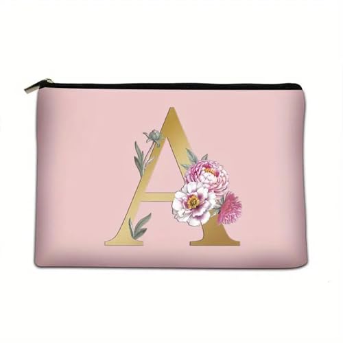 Soulnioi Make-up-Tasche, personalisierbar, Blumen-Buchstabe A-Z, wasserdicht, für Damen/Mädchen, Brautjungfer, Geschenke für Geburtstag, Hochzeit, Rosa, a von Soulnioi