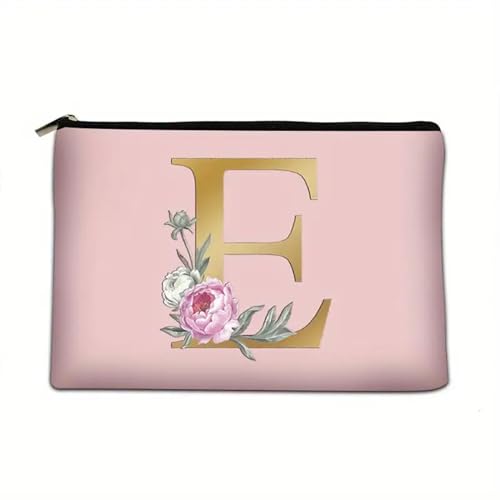 Soulnioi Make-up-Tasche, personalisierbar, Blumen-Buchstabe A-Z, wasserdicht, für Damen/Mädchen, Brautjungfer, Geschenke für Geburtstag, Hochzeit, Rosa, e von Soulnioi