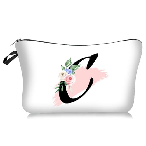 Soulnioi Personalisierbare weiße Make-up-Tasche, Blumen-Buchstabe A-Z, wasserdichte Make-up-Kosmetiktasche oder Damen/Mädchen, Brautjungferngeschenke für Geburtstag, Hochzeit, C von Soulnioi